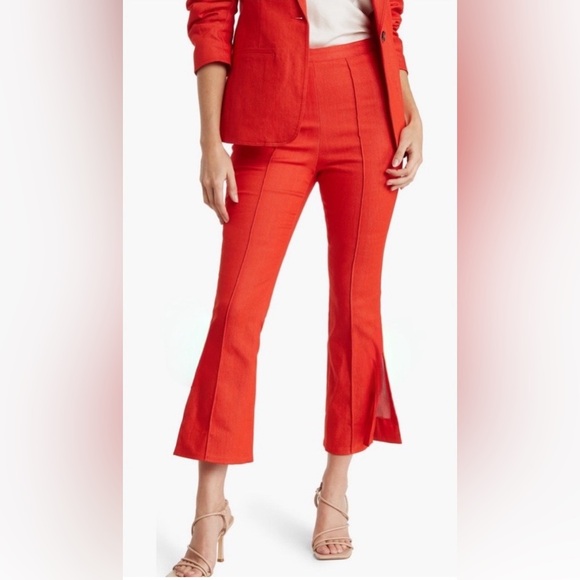 Cinq a Sept Lou Denim Cropped Slit Flare Pants in Bright Crimson - Picture 1 of 11